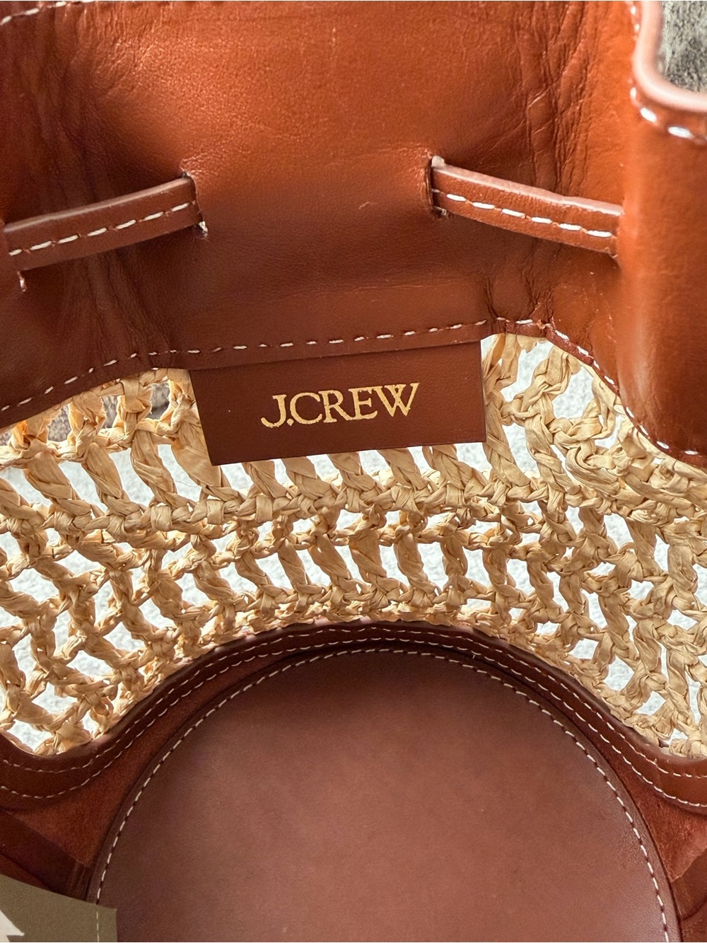 J. Crew Drawstring Brown English Saddle Leather & Straw Mini Bucket Bag #OA3 - Picture 15 of 16